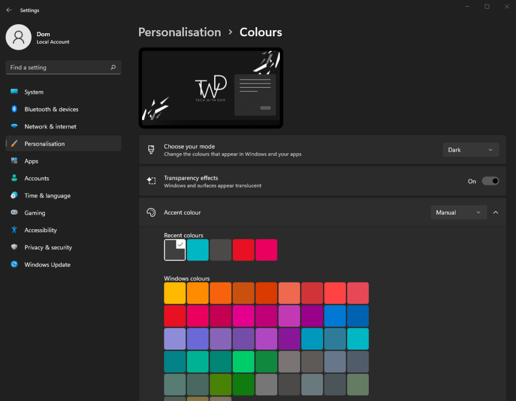 Windows 11 Personalisation: Colours
