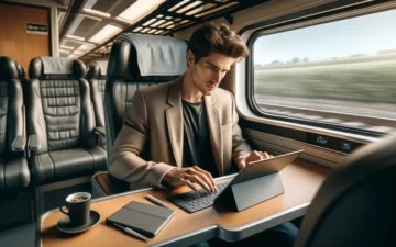 Man typing on an iPad on the train