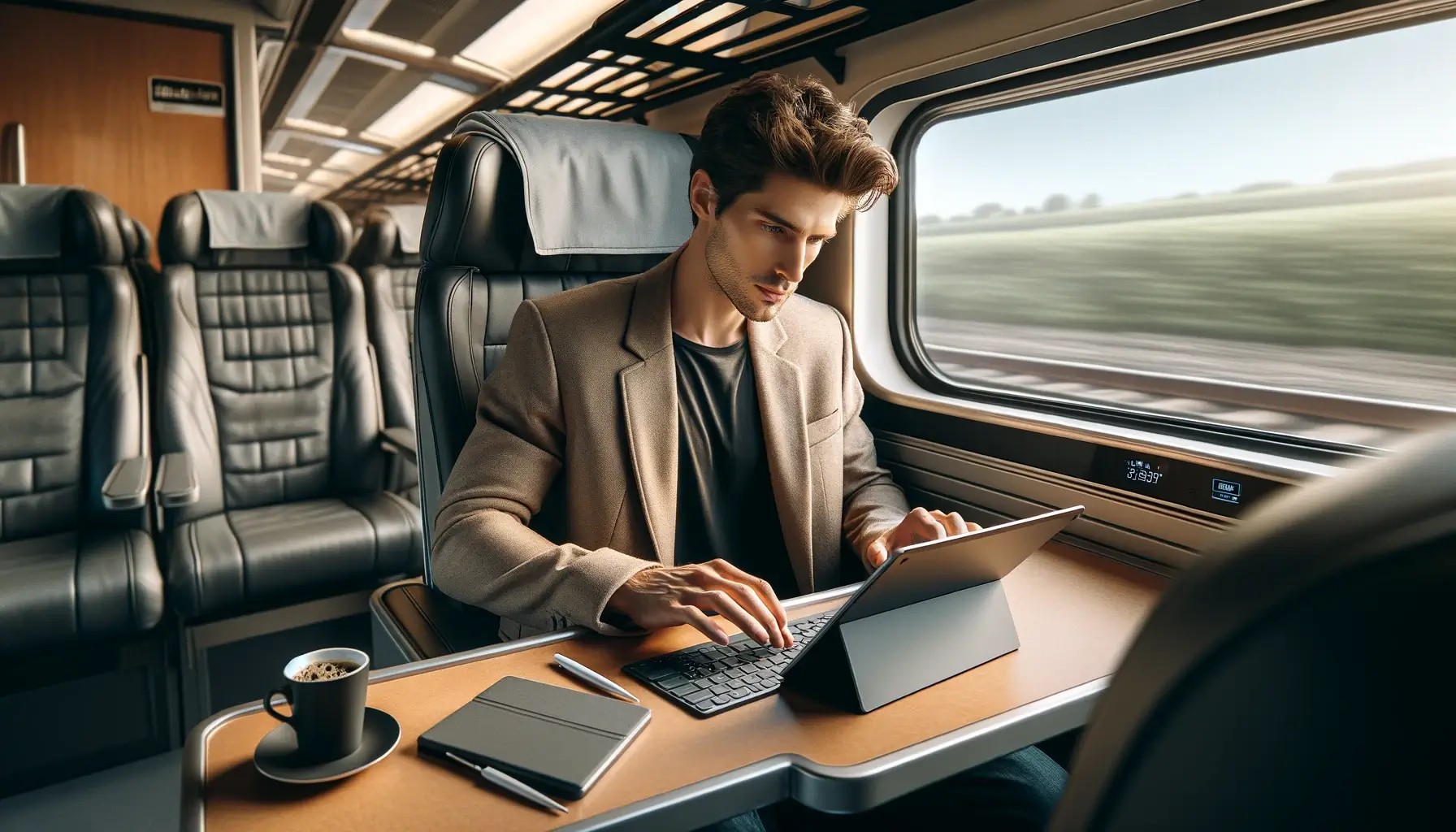 Man typing on an iPad on the train